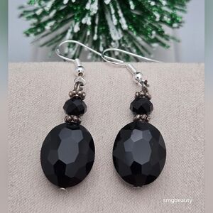 Black Faceted Glass Dangle Earrings Sterling Silver Hooks Handmade Classic